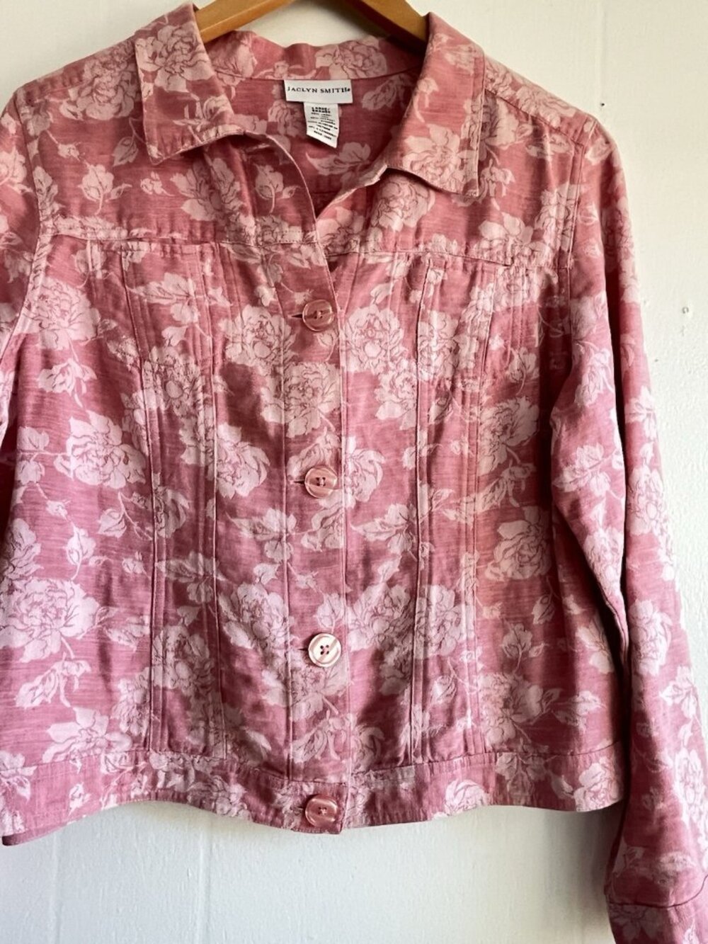 Jaclyn Smith Womens Linen Blend  Trucker Jacket Pink Floral Cottagecore Sz L